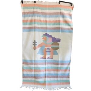 Vintage Pastel Striped Aztec Warrior Blanket Rug Wool Mexican Throw Saddle Boho